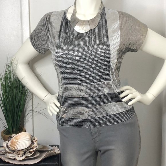 Michael Kors Silver Sequin Viscose Loose Flowy Dressy‎ Tee T-Shirt Top Blouse S - Picture 1 of 14